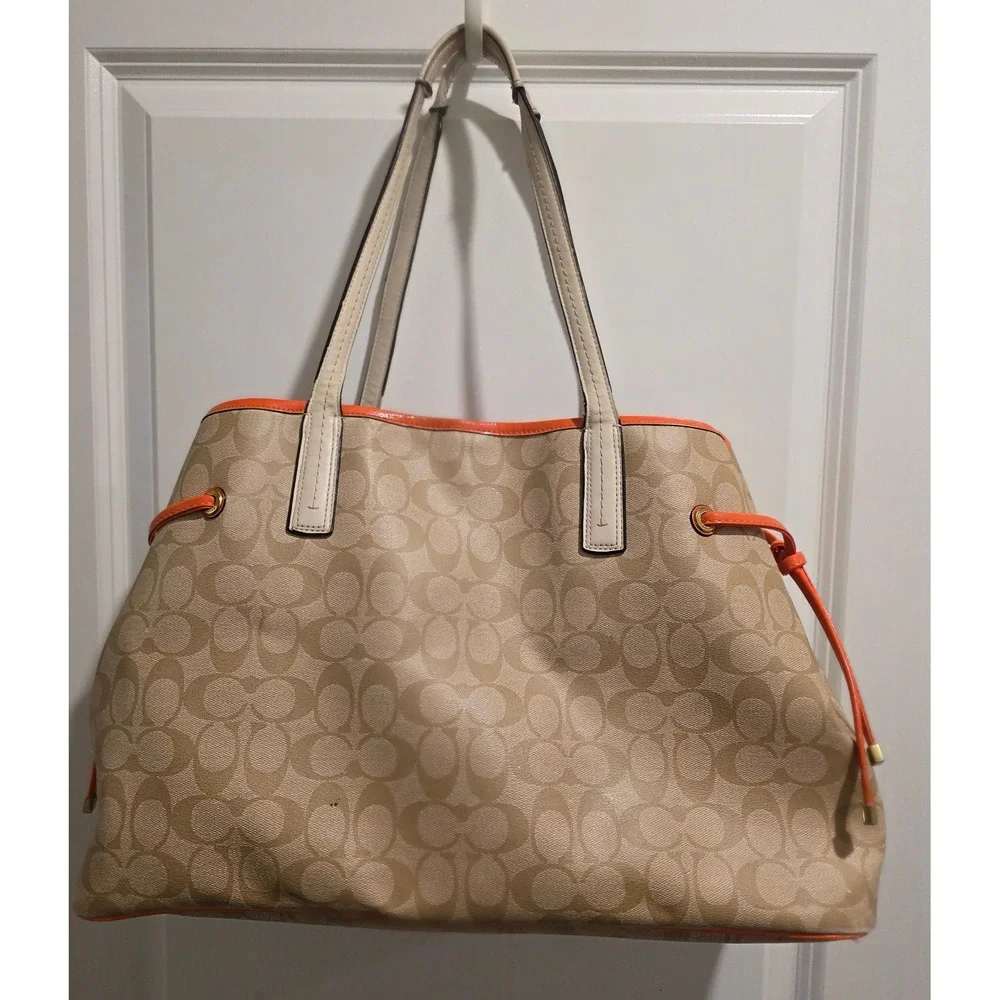 Coach‎ Heritage Stripe Drawstring Tote Bag Khaki Orange Signature Canvas F18923